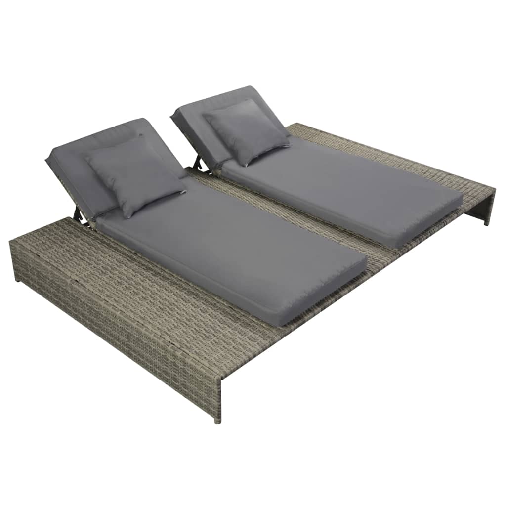 Double Sun Lounger With Cushion Poly Rattan Gray