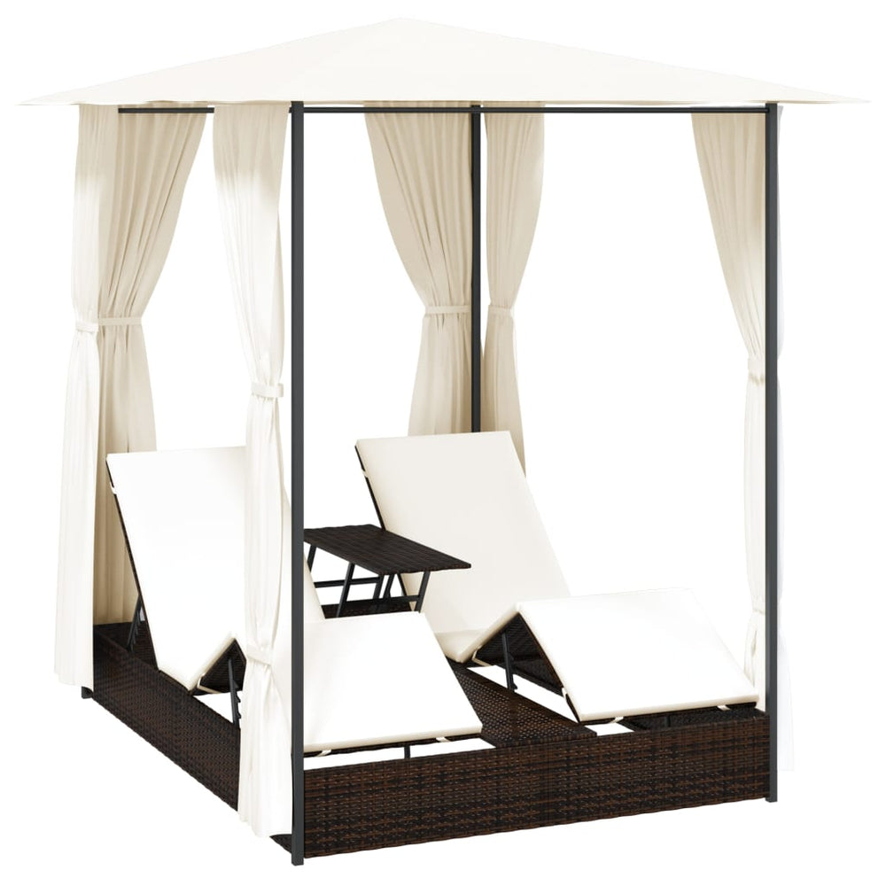 Double Sun Lounger With Curtains Poly Rattan