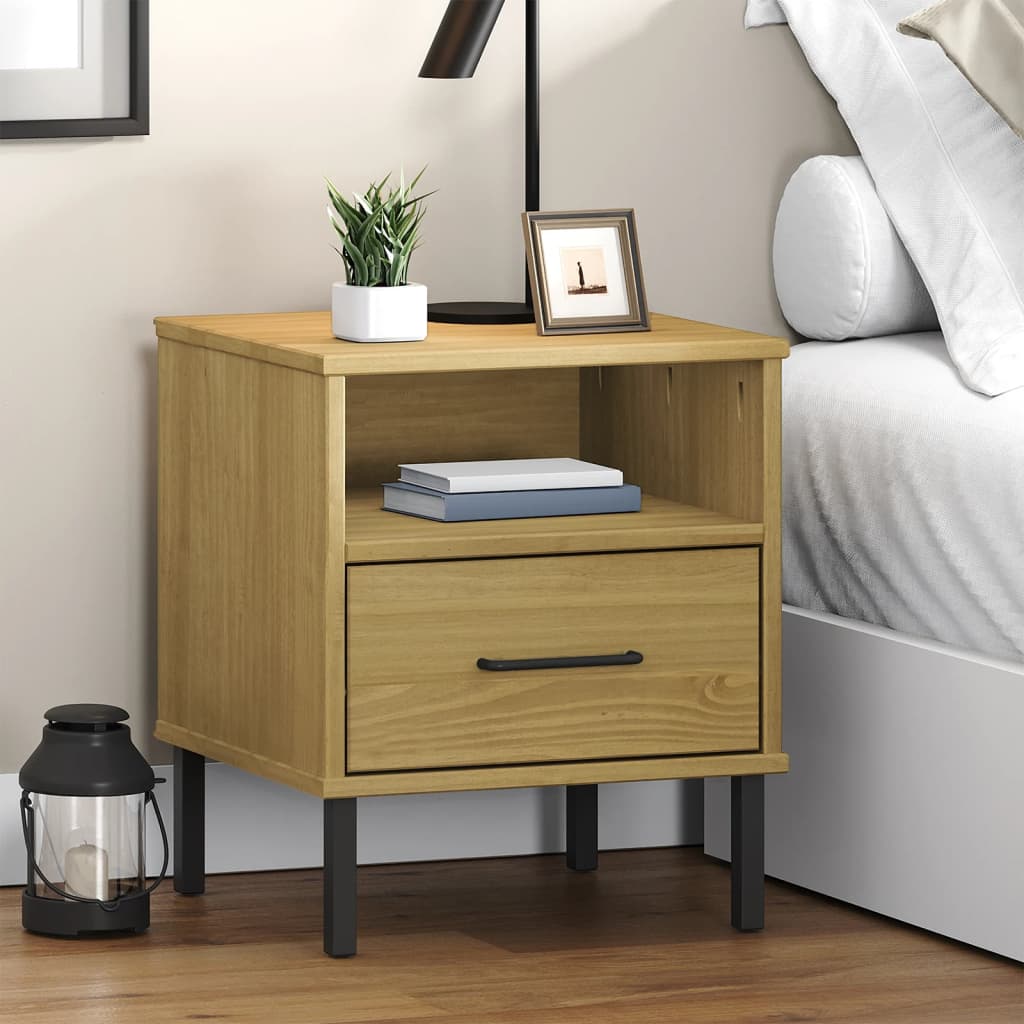 Bedside Cabinet With Metal Legs Solid Wood Pine Oslo