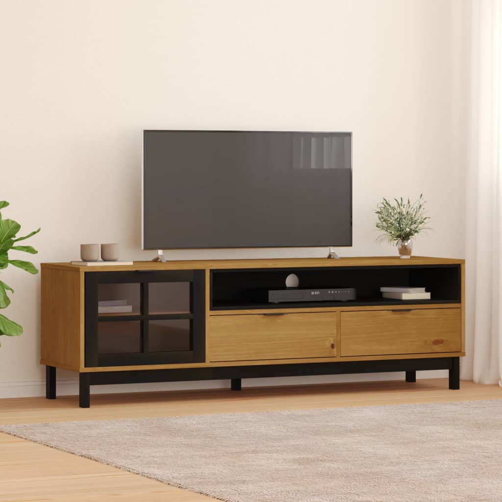 Tv Stand With Glass Door Flam 62.2&quot;X15.7&quot;X19.7&quot; Solid Wood Pine